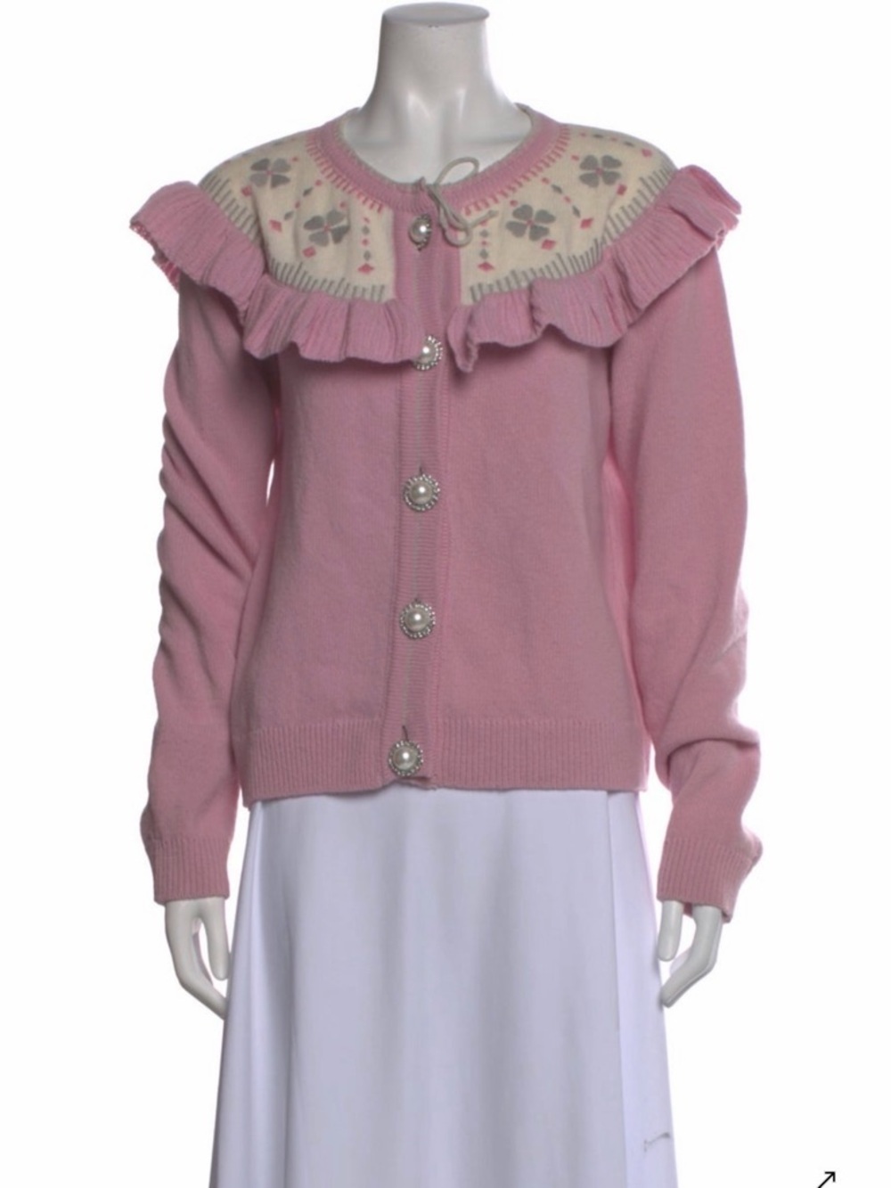 Hill House Pink Ruffle Yoke Cardigan with Cream Floral Knit